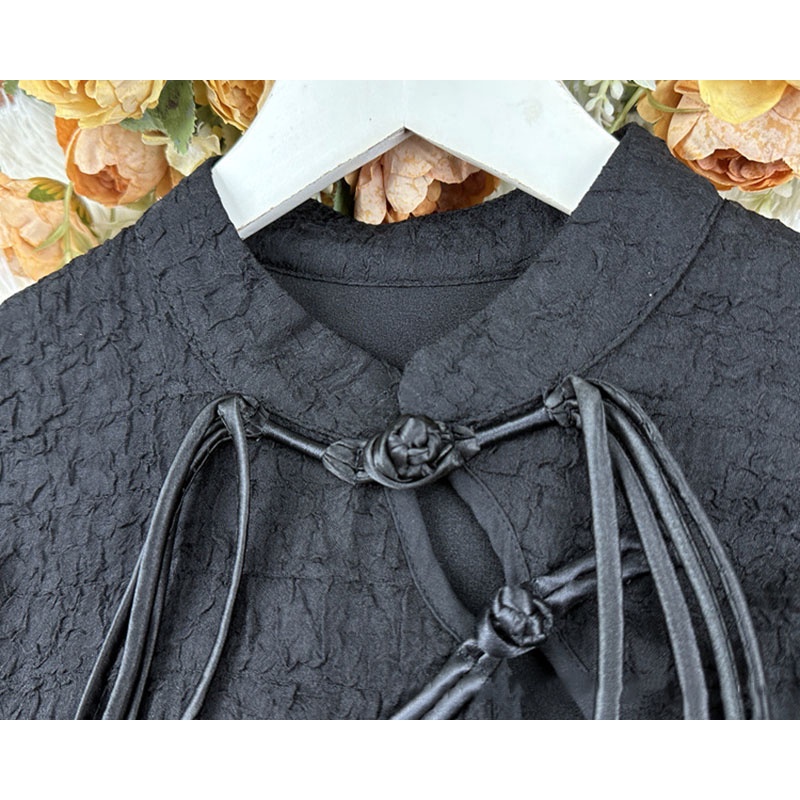 Đầm Sườn Xám Tay Ngắn Màu Đen Phối Ruy Băng Họa Tiết Mực In Phong Cách Trung Hoa Thời Trang Cho Nữ Size S - XXL