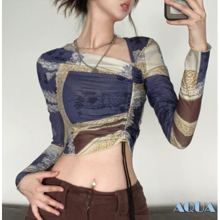 Áo Thun Crop Top Nữ Tay Dài Dáng Ôm In Họa Tiết Kiểu Retro Thời Trang Mùa Thu