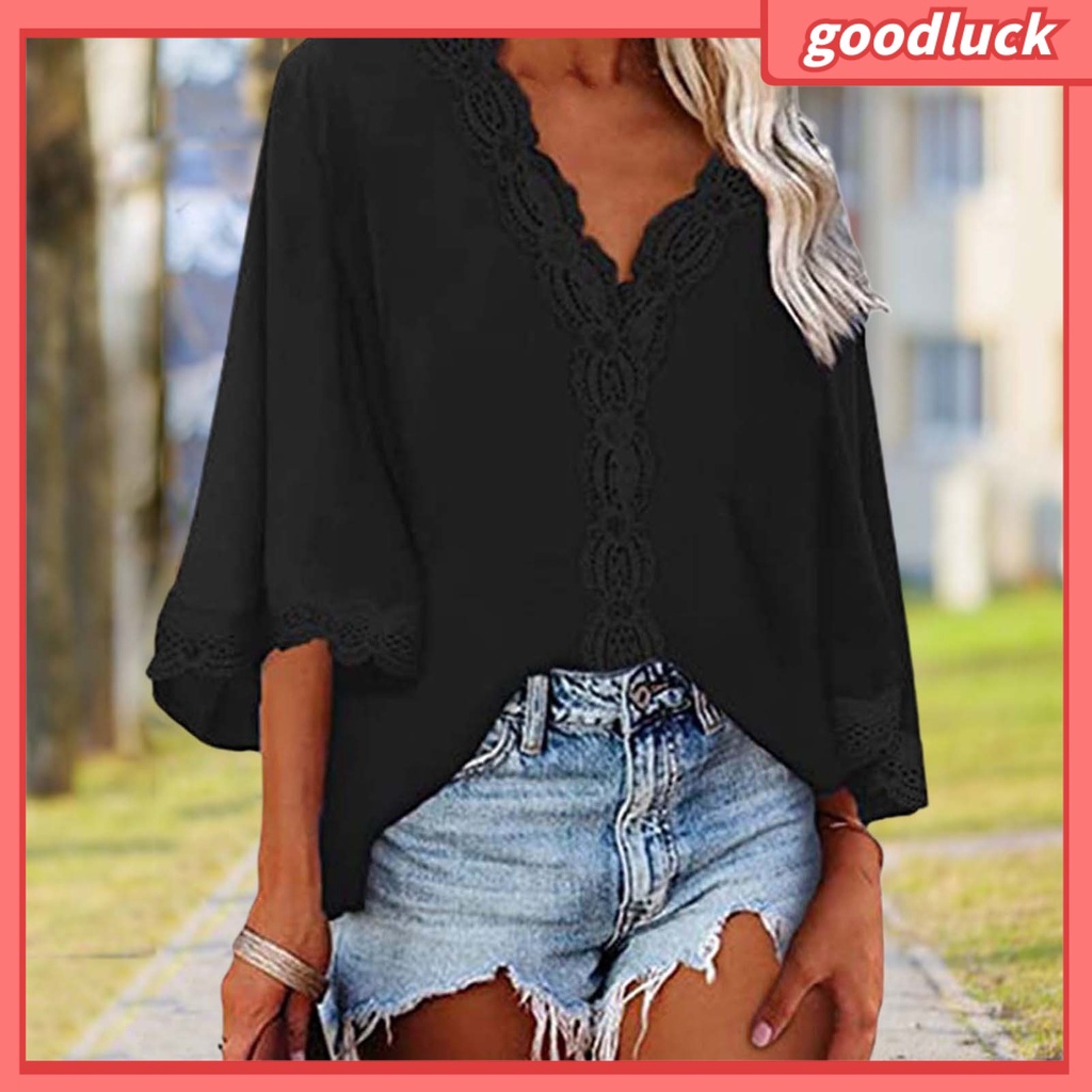 Áo Sơ Mi Tay Loe 3 / 4 Cổ Chữ V Màu Sắc Thời Trang Dành Cho Nữ