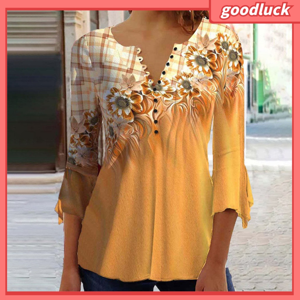 [ULK] Áo Sơ Mi Tay Lửng Dáng Rộng Cổ Chữ V In Hoa Một Hàng Nút Thời Trang Xuân Hè