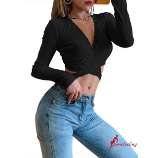 Áo Croptop Tay Dài Cổ Chữ V Màu Sắc Thanh Lịch