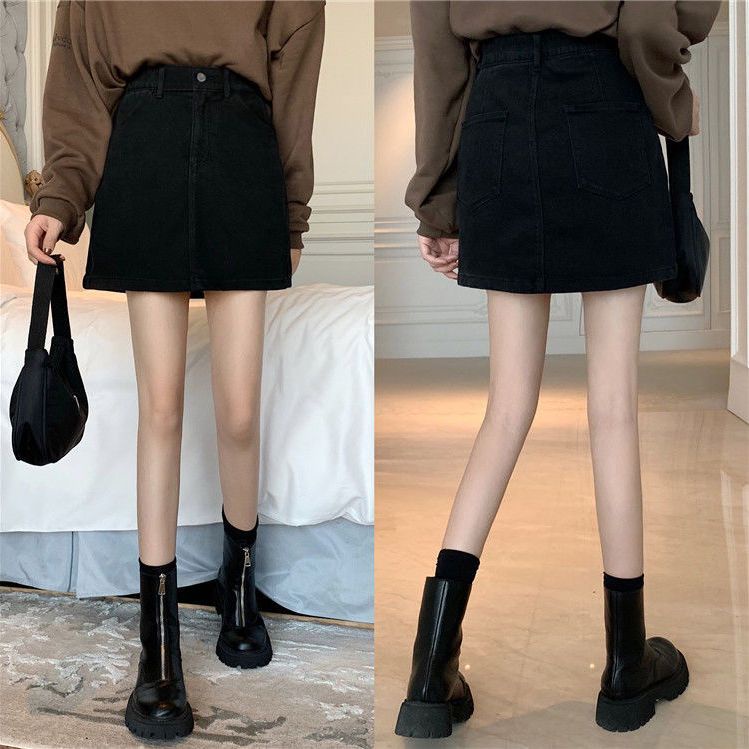 Chân váy jean Đen Dáng Chữ A Lưng Cao Phong Cách Retro Dành Cho Nữ