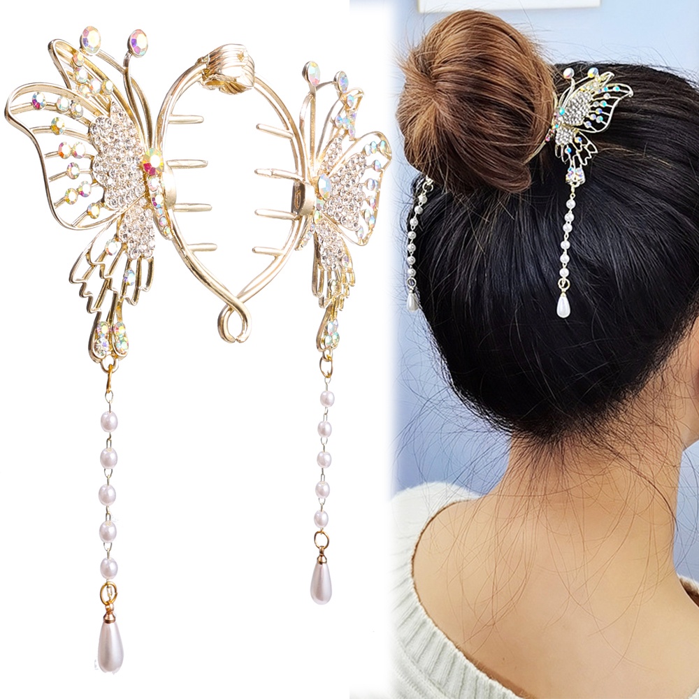 Kẹp Tóc Càng Cua Hai Đầu Hình Bướm Đính Đá Và Ngọc Trai Giả Bằng Hợp Kim Phong Cách Vintage Thanh Lịch Dành Cho Nữ