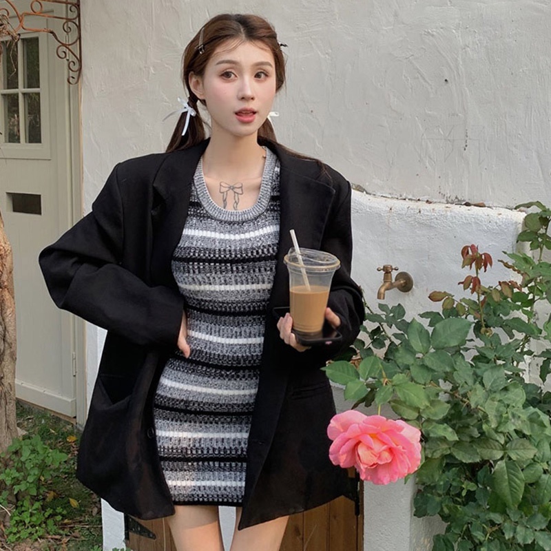 Đầm Dệt Kim Sát Nách Kẻ Sọc Màu Gradient Phong Cách Hàn Quốc Cho Nữ