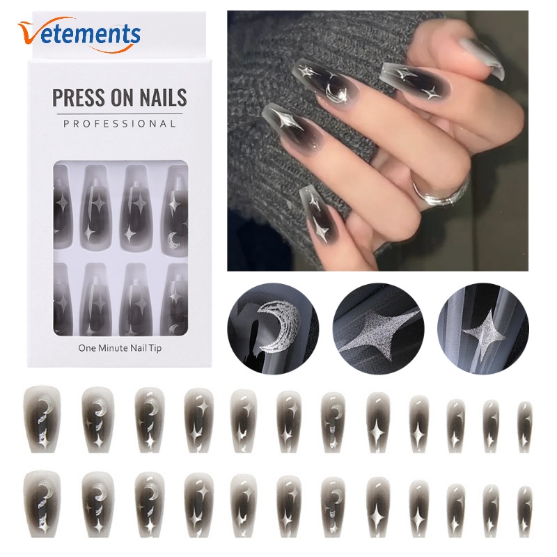 Set 24 Móng Tay Giả Acrylic Dài / Đen / Trắng Y2k Hình Trăng Sao Có Thể Tái Sử Dụng