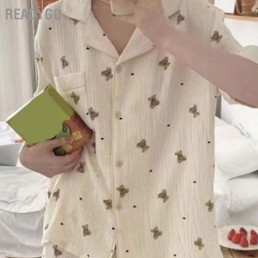 ReadyGo Bộ Đồ Ngủ Nữ Tay Ngắn Cổ Gập Nút Lên In Hình Gấu Dễ Thương Top Cho Mùa Hè