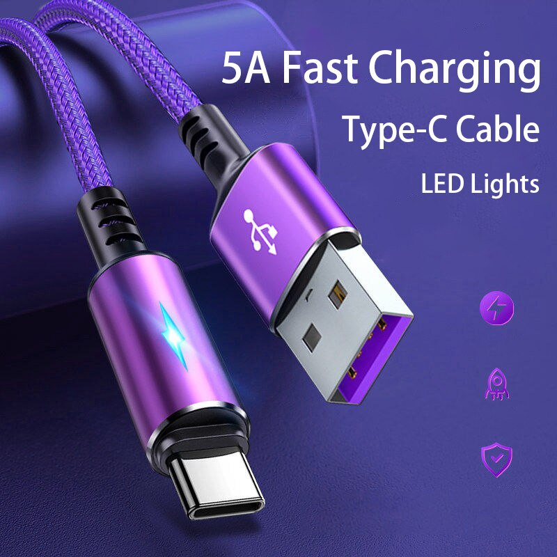 Cáp Sạc Nhanh 3A USB Type C 5A Có Đèn LED Báo Hiệu Cho iPhone Huawei Realme