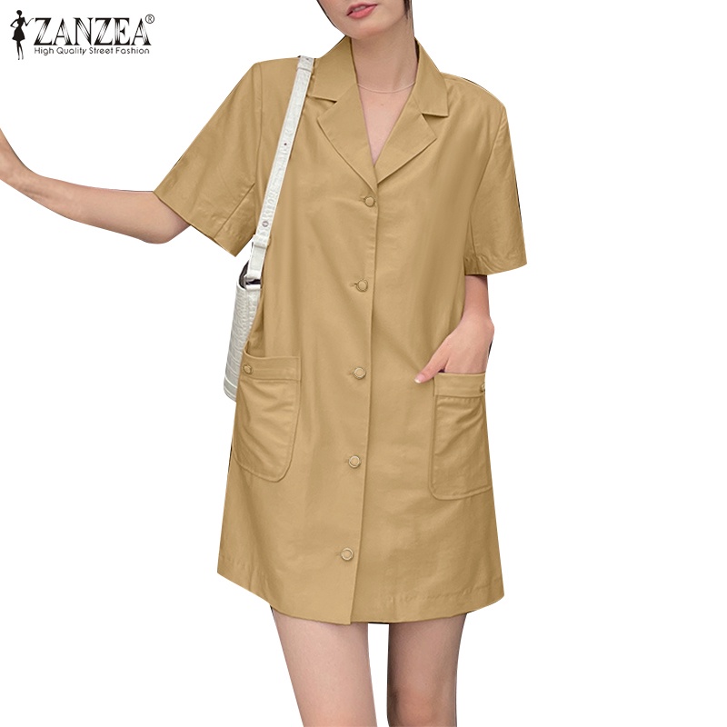 ZANZEA Đầm Mini Tay Ngắn Màu Trơn Cài Nút Phong Cách Hàn Quốc Thời Trang Cho Nữ