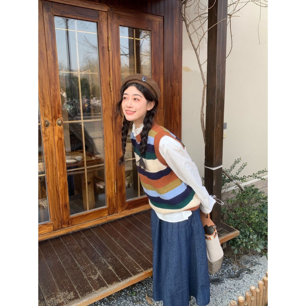 Set Áo Len Không Tay + Áo Sơ Mi Dài Tay Thời Trang Dành Cho Nữ