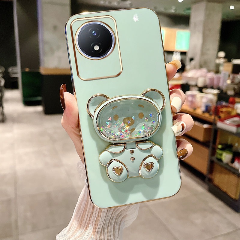 Ốp Điện Thoại Dạng Lỏng Mạ Điện Có Giá Đỡ Hình Gấu Sang Trọng Cho Vivo Y02 Y02A Y02T Y11 2023