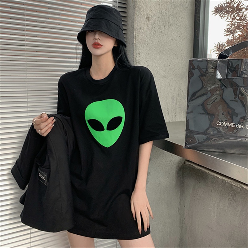 Áo Thun Ngắn Tay Dáng Rộng In Hình Người Ngoài Hành Tinh Xanh Lá Thời Trang Đường Phố Cho Cặp Đôi