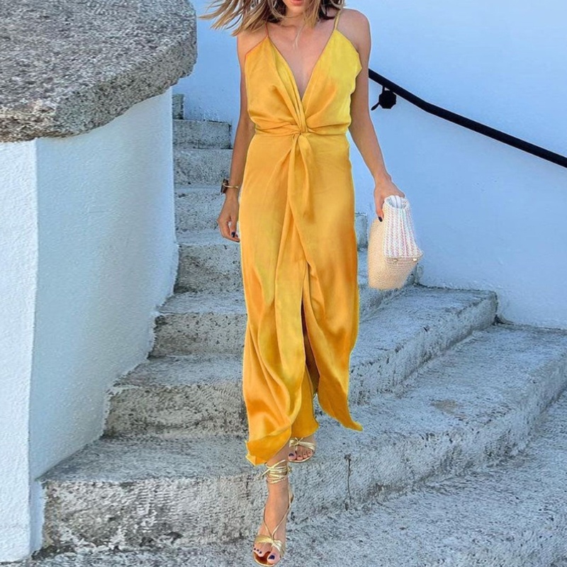 Đầm Hai Dây Cổ Chữ V Khoét Sâu Màu Trơn Hở Lưng Quyến Rũ Dành Cho Nữ