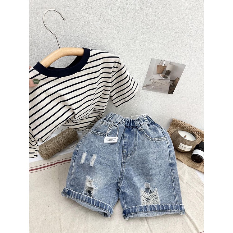 Quần Short Denim Rách Dáng Rộng Thoải Mái Thời Trang Mùa Hè Phong Cách Hàn Quốc Cho Bé Trai