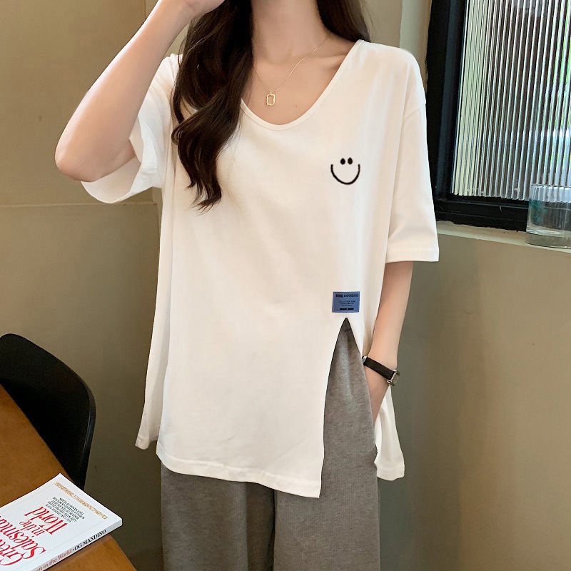 Áo Thun 100% Cotton Tay Ngắn Cổ Chữ V Dáng Rộng Thời Trang Mùa Hè Cho Nữ
