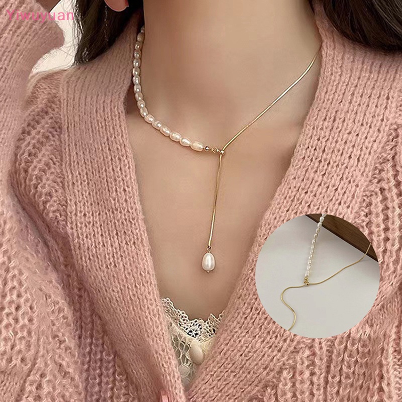 < Yiwuyuan > Vòng cổ Chuỗi Hạt Ngọc Trai Không Đối Xứng Hình Chữ Y Cổ Điển Phụ Kiện Cô Dâu Mới