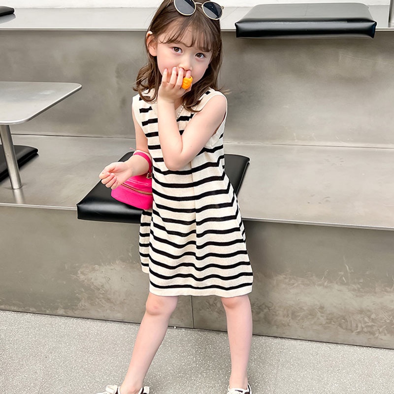 Đầm Kẻ Sọc Phong Cách Hàn Quốc Cho Bé Gái 1-7 Tuổi