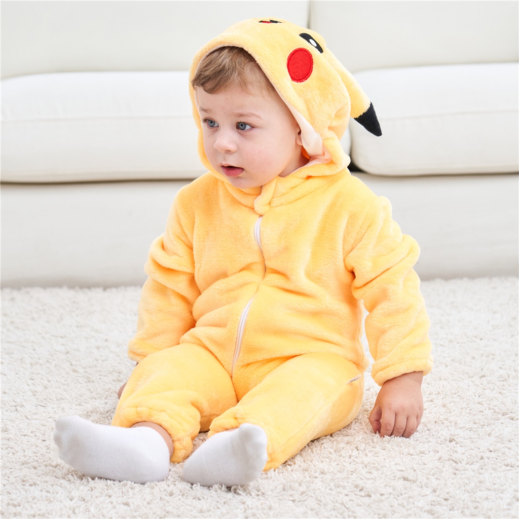 Áo Liền Quần Bằng Flannel Mềm Hình Khủng Long / Pikachu / Rồng Đáng Yêu Cho Bé