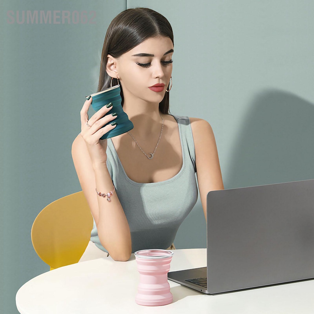 Summer062 Cốc Gấp Silicone Khéo Léo Di Động Tiết Kiệm Không Gian Mini Gọn Có Nắp Cho Du Lịch Ngoài Trời 320ML