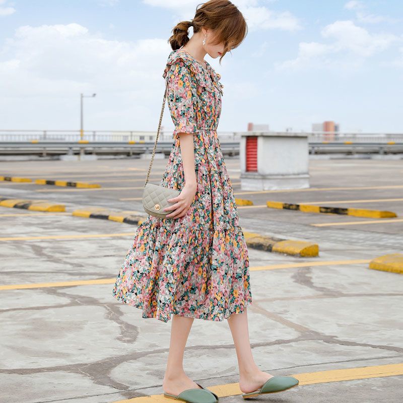 Đầm Cổ Búp Bê Họa Tiết Hoa Phong Cách Pháp Cổ Điển Thời Trang Cho Nữ