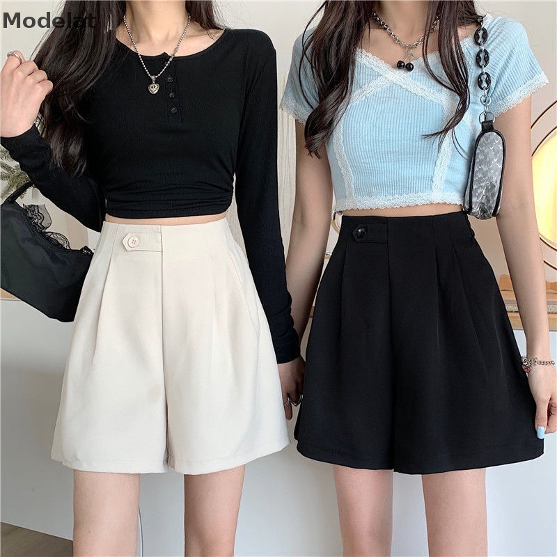 Quần Short Chữ A Lưng Cao Ống Rộng Màu Đen Phong Cách Hàn Quốc Thời Trang Xuân Hè 2023 Cho Bạn Gái