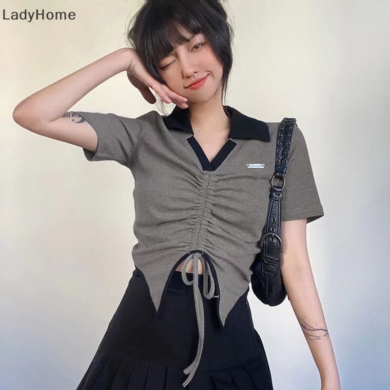 Áo Thun Crop Top Tay Ngắn Cổ Chữ V Màu Sắc Tương Phản Phối Dây Rút Thời Trang Mùa Hè Cho Nữ