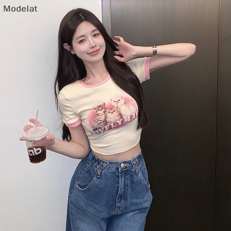 Áo Thun Crop Top Tay Ngắn Cổ Tròn In Họa Tiết Mèo Hoạt Hình Phối Màu Tương Phản Thời Trang Mùa Hè Cho Nữ