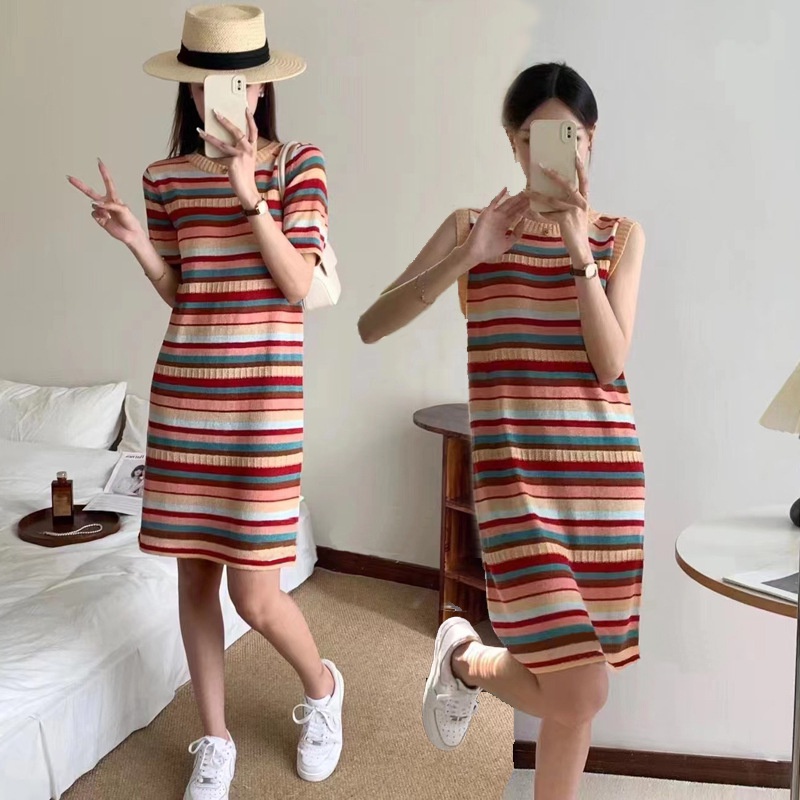 C & M Đầm Thun Dệt Kim Không Tay Dài Ngang Bắp Chân Kẻ Sọc Nhiều Màu Sắc