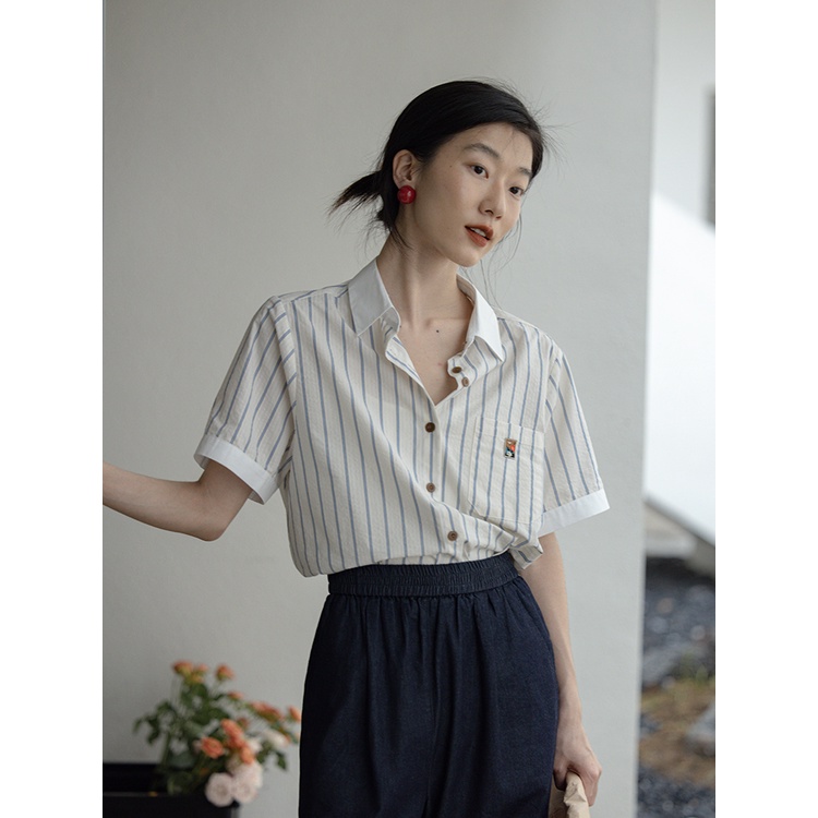 SUXI Áo Sơ Mi Tay Ngắn Dáng Rộng Họa Tiết Kẻ Sọc Thời Trang Mùa Hè Cho Nữ