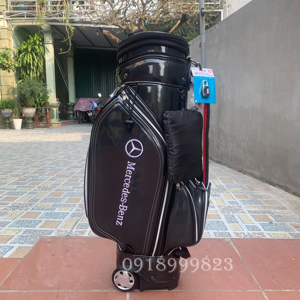 Túi đựng gậy chơi golf Mercedes chất liệu da bóng chống nước chống xước có bánh xe, cover cứng đi máy bay