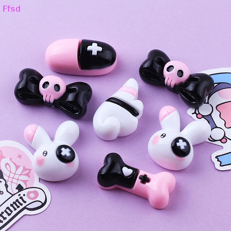 {Ffsd} Set 10 Phụ Kiện Trang Sức Hình Thỏ Hoạt Hình / Nơ / Xương Bóng Bằng Nhựa Resin / Keo Làm Đồ Trang Sức Thủ Công