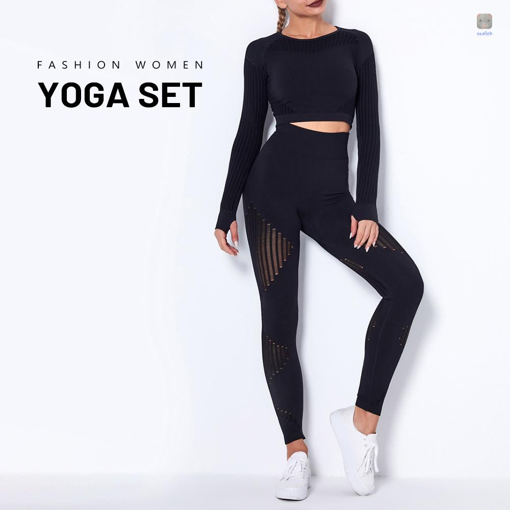 Set Đồ Tập Thể Thao Gồm Áo Croptop Dài Tay Và Quần Legging Lưng Cao Họa Tiết Sọc Thời Trang Cho Nữ