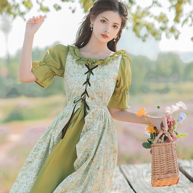 Hàng Mới Về Đầm Cotton Lanh Sơn Dầu Eo Hẹp Giả Hai Mảnh Phong Cách Retro Pháp 2023 Hàng Mới