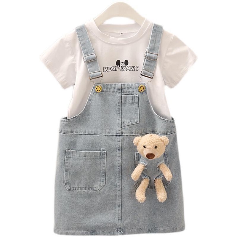 Bộ Áo Ngắn Tay + Chân Váy Yếm Denim Thời Trang Mùa Hè Hàn Quốc 2023 Cho Bé Gái