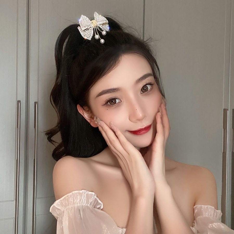 Kẹp Tóc Nơ Kim Loại Đính Đá &amp; Ngọc Trai Toàn Diện Thanh Lịch Cho Nữ