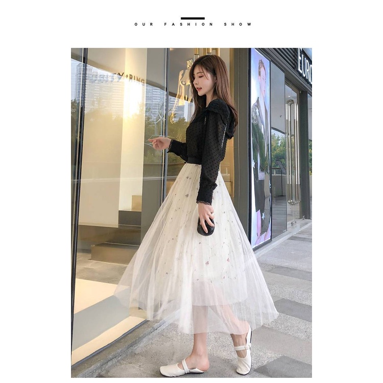 Chân Váy Chữ A Lưng Cao Phối Lưới Họa Tiết Hoa Thêu Thời Trang Cho Nữ