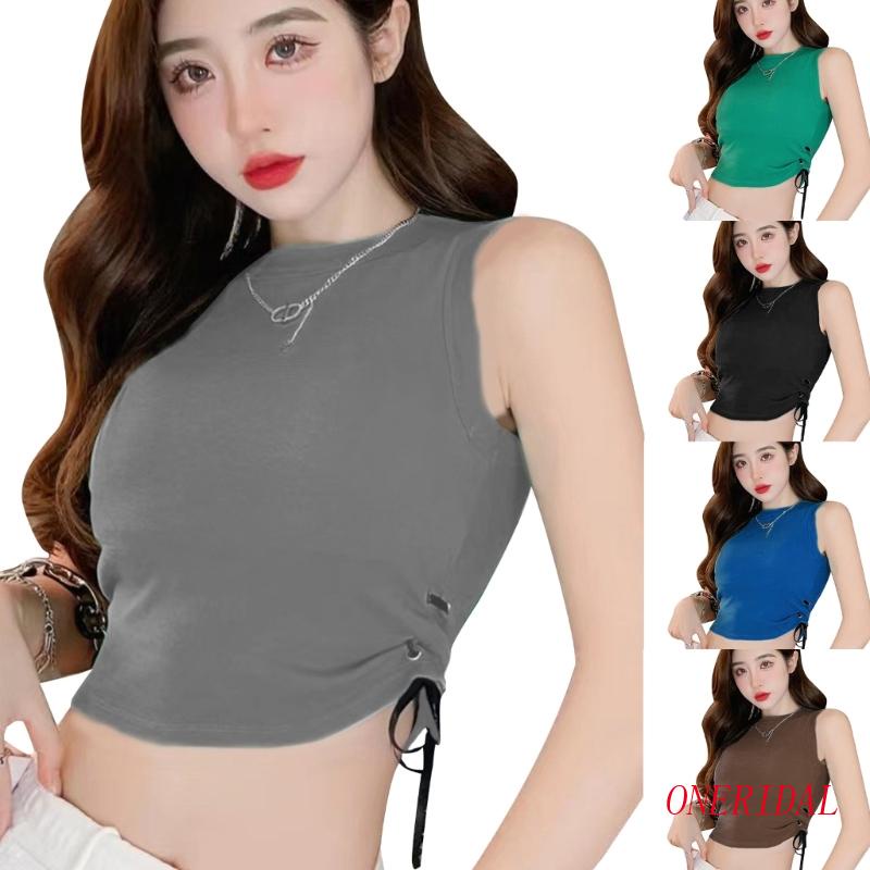 Áo Croptop Không Tay Cổ Tròn Màu Trơn Phối Dây Rút Và Đệm Cá Tính Cho Nữ