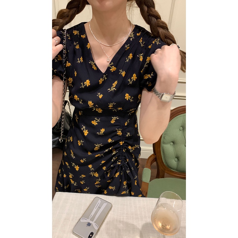 Đầm Dài Tay Phồng Cổ Chữ V In Hoa Thời Trang Mùa Hè Nhẹ Nhàng Dành Cho Nữ