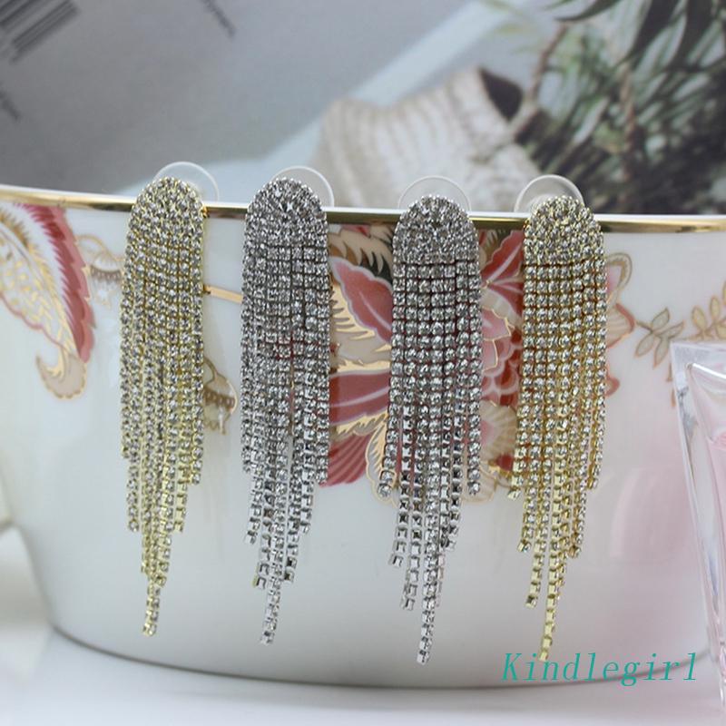 Bông Tai Dáng Dài Đính Đá Phối Tua Rua Thời Trang