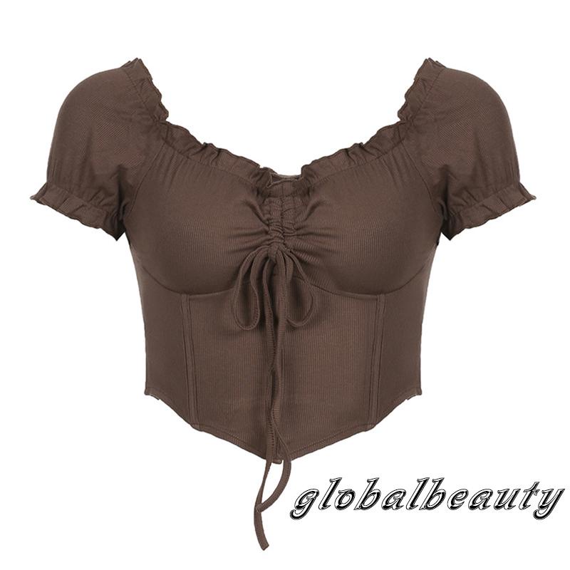 Áo Thun Tay Ngắn Màu Trơn Dáng Ôm Phối Dây Rút Thời Trang Mùa Hè Cho Nữ