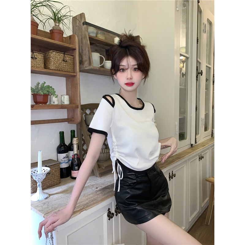 Áo Thun Dệt Kim Trễ Vai Tay Ngắn Phối Dây Rút Thời Trang Mùa Hè Mới Dành Cho Nữ