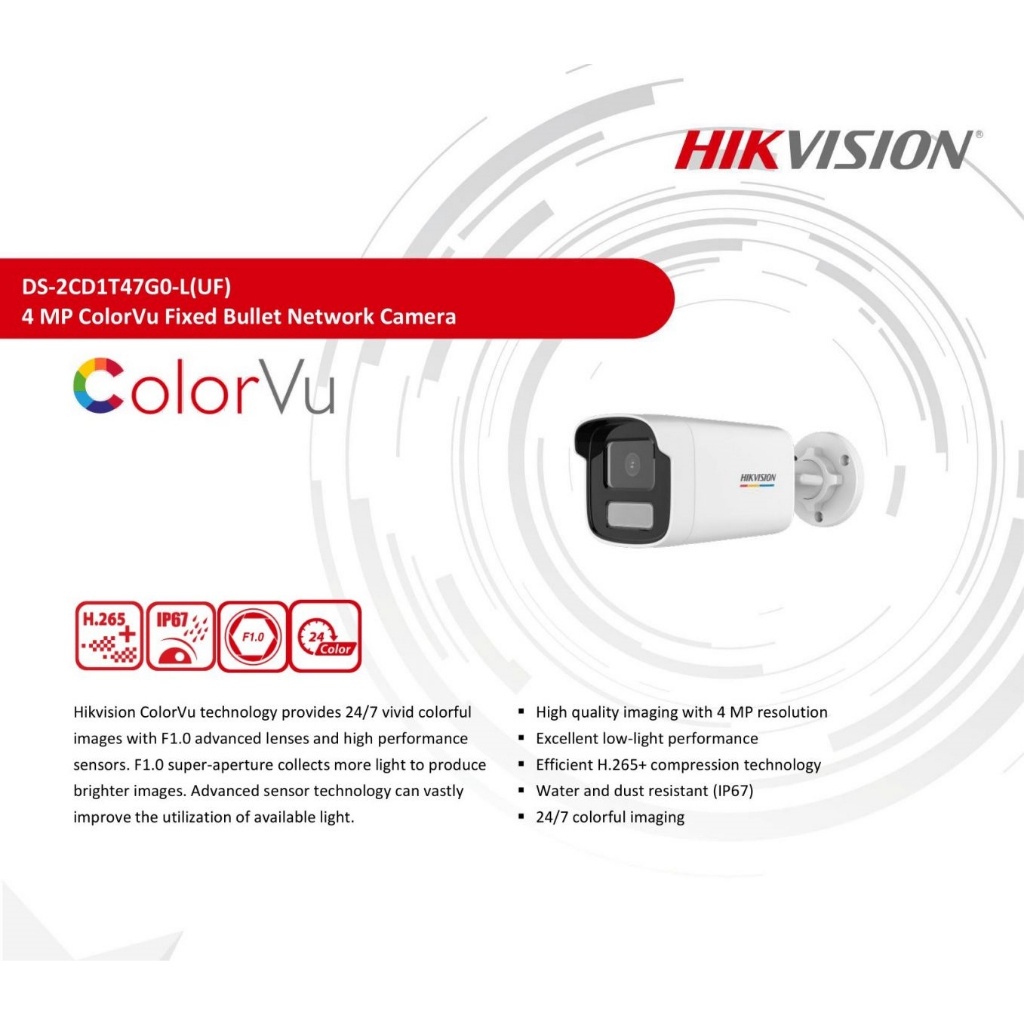 Camera thân trụ IP ColorVu 4MP - Có màu 24/24 DS-2CD1T47G0-LUF tích hợp mic -Cam Kết Hàng Chính Hãng BH 2 Năm
