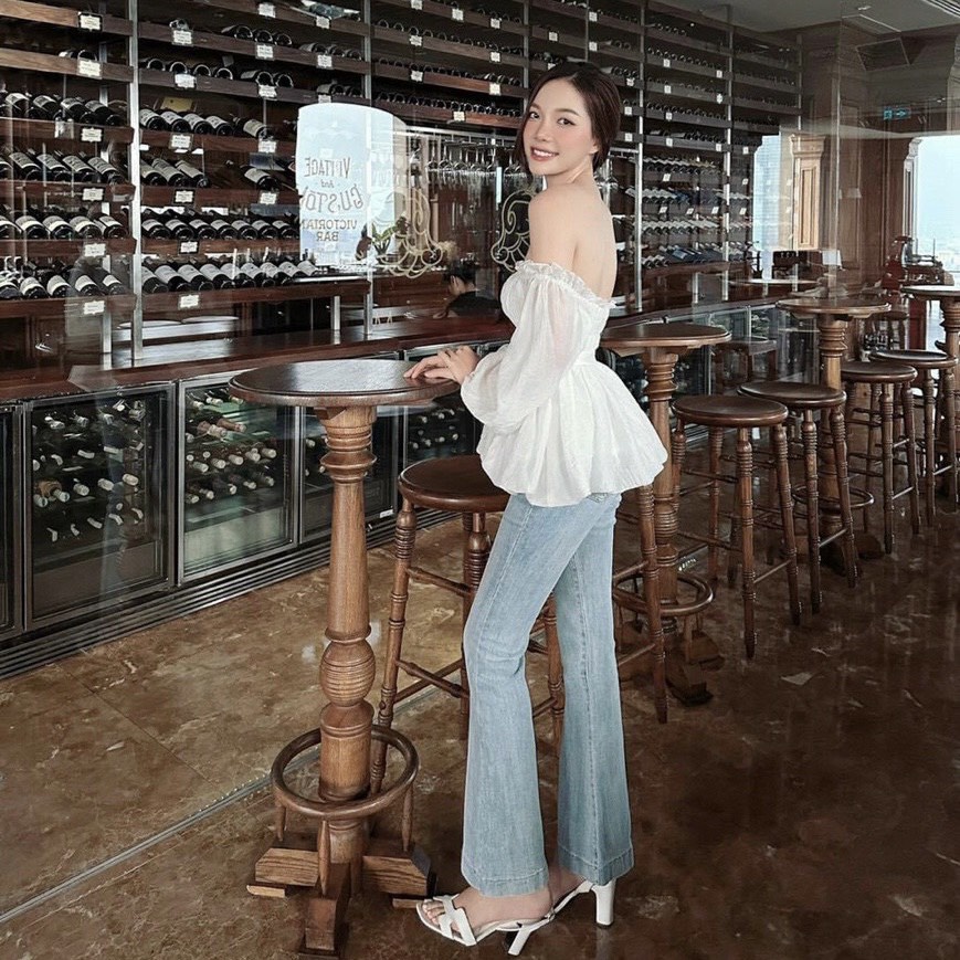 [Có sẵn] Áo peplum trễ vai nhún ngực tay dài bo phồng chất xốp dập siêu xinh