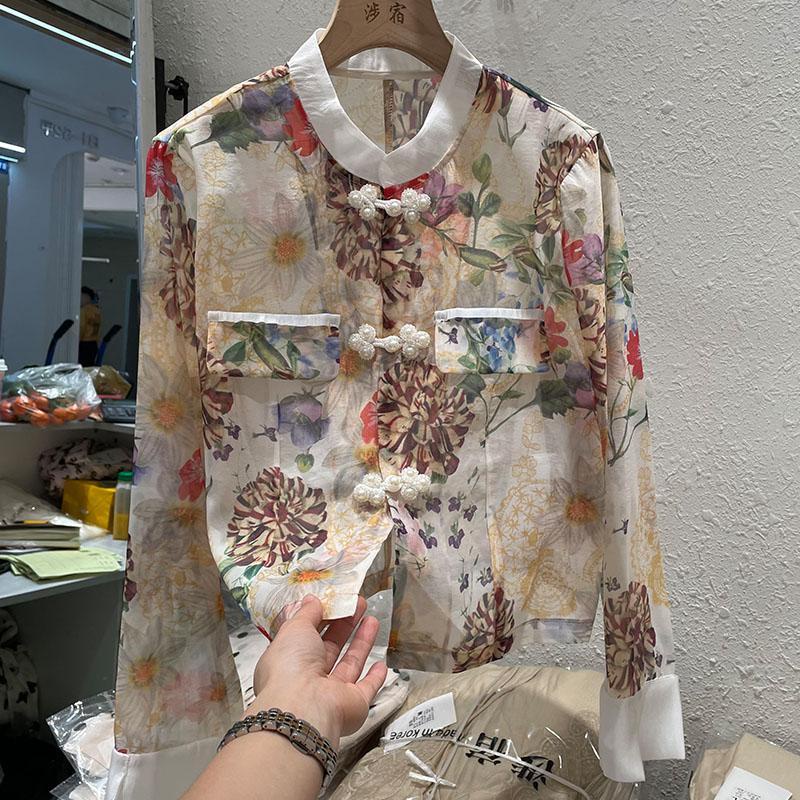 Áo Sơ Mi Vải Lụa Chống Nắng In Họa Tiết Hoa Phong Cách Trung Quốc Thanh Lịch Thời Trang Cho Nữ 2023