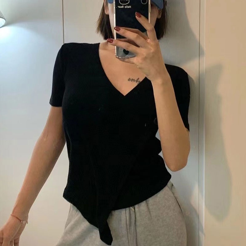 Áo Thun Tay Ngắn Cổ Chữ V Dáng Ôm Thời Trang Mùa Hè Hàng Mới 2023 Dành Cho Bạn Nữ