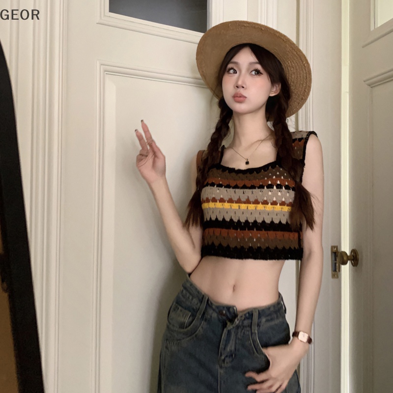 Geor Áo Dệt Kim Không Tay Thêu Họa Tiết Kẻ Sọc Rỗng vintage Mùa Hè Cho Nữ vn