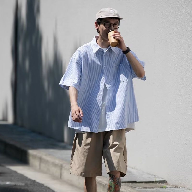 Áo Sơ Mi Tay Ngắn Dáng Rộng Vải Cotton Họa Tiết Kẻ Sọc Phong Cách Nhật Bản Cao Cấp