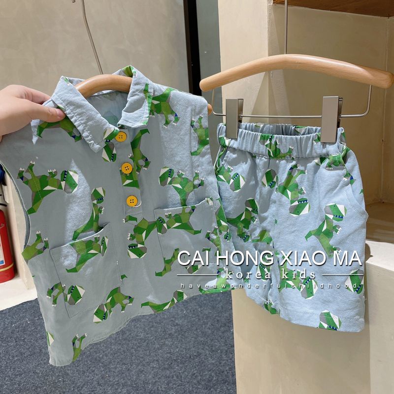 Set Áo Sát Nách Họa Tiết Khủng Long + Quần Short Thời Trang Cho Bé