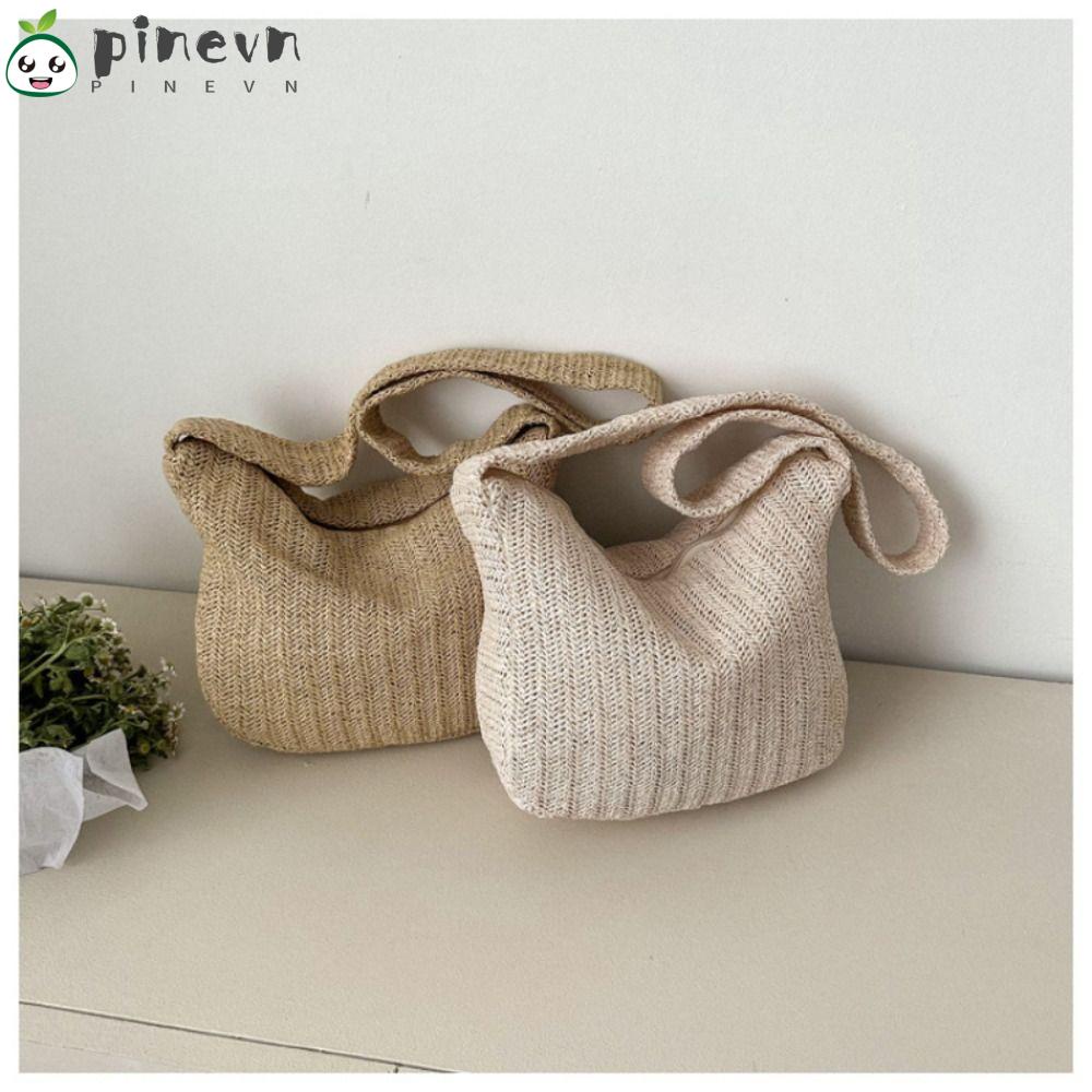 Túi Đeo Vai Bằng Rơm Màu Trơn Sức Chứa Lớn Thời Trang