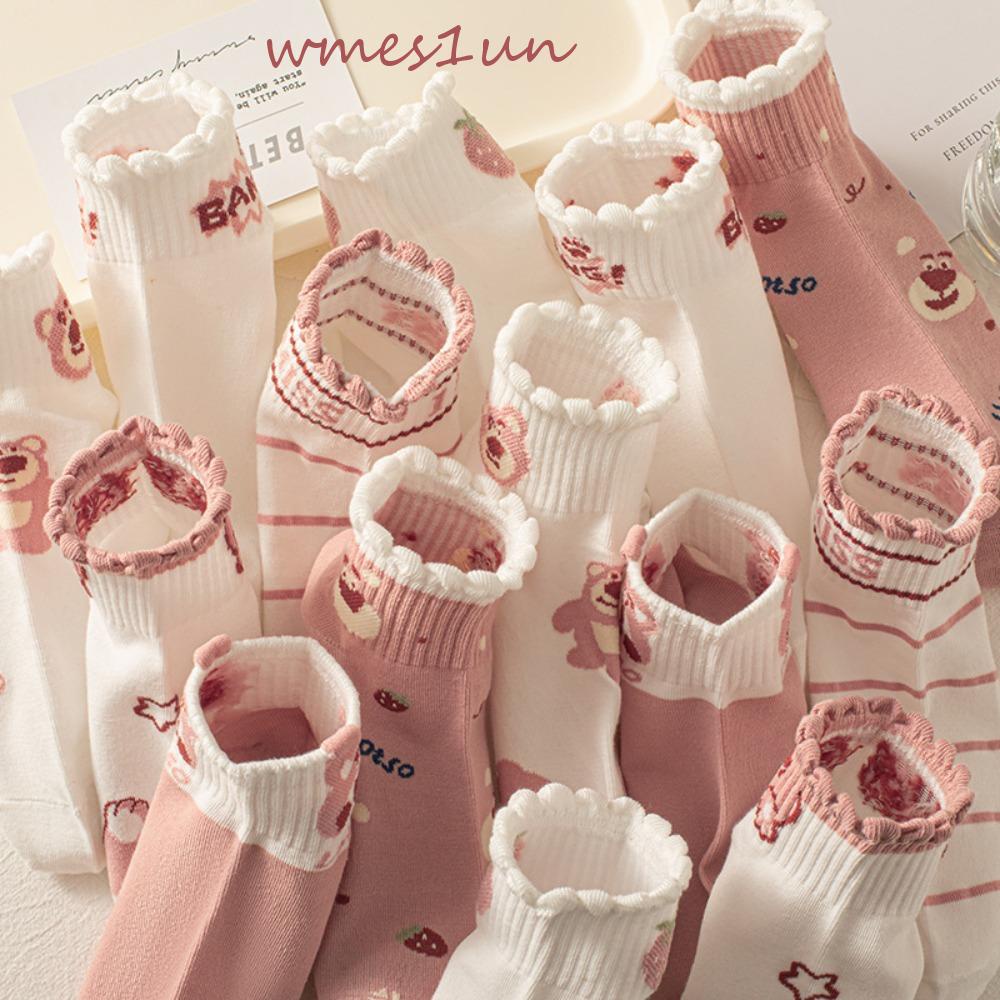 Vớ Cotton Mỏng Mềm Mại Thấm Hút Mồ Hôi Thoáng Khí In Họa Tiết Gấu / Dâu Tây WMES15H