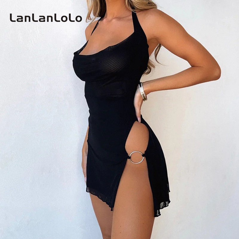 Đầm Cổ Yếm Hở Lưng Xẻ Tà Màu Sắc Trơn Thời Trang Quyến Rũ Cho Nữ 2023